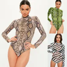 Hot Sale New Women Snake Skin Print Bodycon Bodysuit Long Sleeve High Neck Leotard Top Size