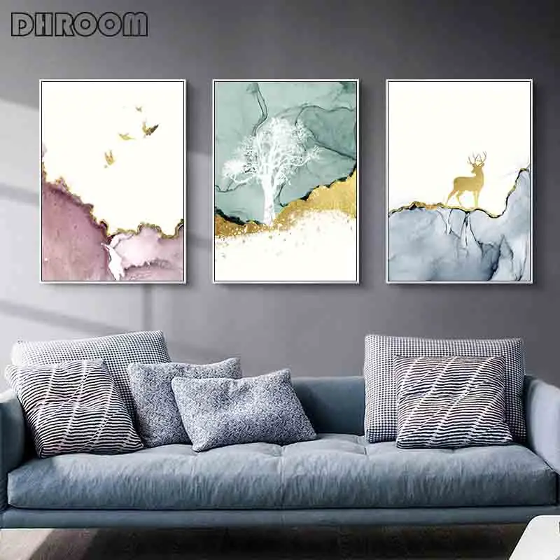 

Abstract Golden Mountain Poster Nordic Landscape Flying Bird Canvas Print Wall Painting Modern Decorative Picture Home Decor