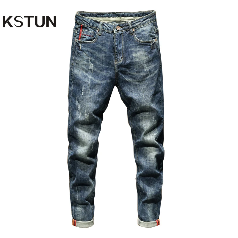 KSTUN, зауженные джинсы, осень и зима, Ретро стиль, синие, стрейч, модные, с карманами, дизайнерские, мужские, модные, повседневные, мужские джинсы, бренд