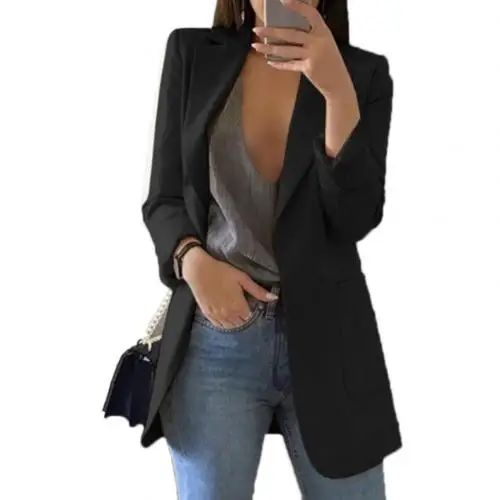 Black XL Модный женский офисный костюм, сплошной цвет, без пуговиц, лацкан, блейзер, пальто, Женское пальто - Цвет: Black XL