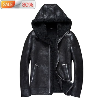 

Men's Jacket Winter Real Genuine Leather Jackets Hooded Sheepskin Coat Short Vintage Natural Wool Fur Coats 2020 7110-1