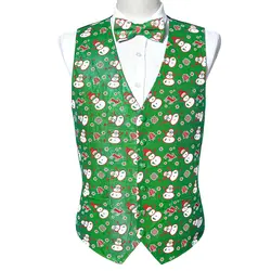 Snowman 3D Print Green Christmas Vest Men Autumn New Slim Fit Waistcoat Bowtie Set Mens Xmas Party Holiday Prom Tuxedo Vests