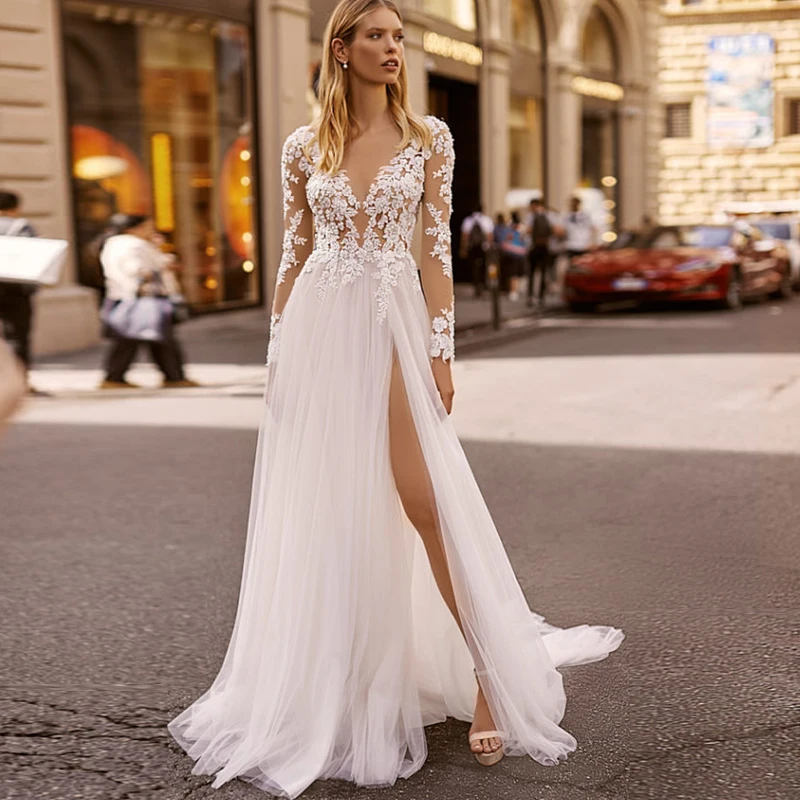

ADLN Bohemian Wedding Dress 2020 Elegant Lace Appliqued Soft Tulle Backless Long Sleeve Beach Boho Bridal Gowns with Split