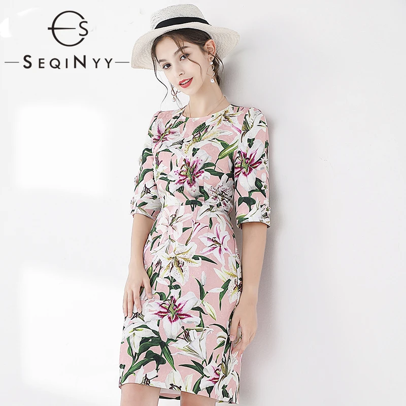 

SEQINYY Pink Dresses 2020 Summer Fashion Design Women High Quality Bead Romantic Lily Flowers Print Short Sleeve Jacquard Dress