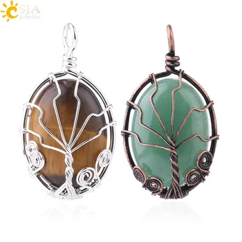 

CSJA Vintage Wire Wrap Tree of Life Pendant Natural Stone Oval Cabochons Bead Reiki Pendants for Necklace Women Men Jewelry F785