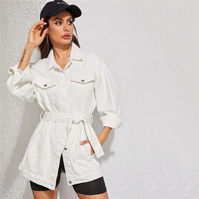 ROMWE White Wash Belted Longline Jean Jacket Coat Women Autumn Spring Solid Boylish Streetwear Long Sleeve Denim Long Jacket Top