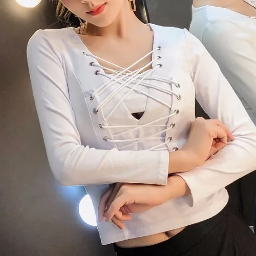 Белый Moda feminina хипстер Клубные футболки весна осень Брендовая женская футболка тонкий короткий топ с длинными рукавами camisetas mujer бандажные футболки - Цвет: Белый