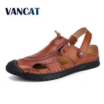 

New Genuine Leather Men's Sandals Summer Men's Shoes Outdoor Beach Men's Slipper High Quality Roman Flip Flop Big Size 38-48