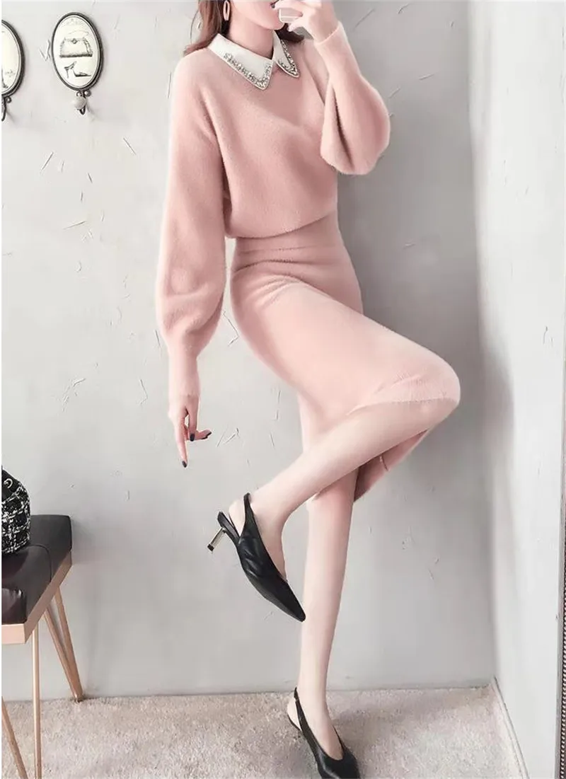Женский вязаный костюм, весенний мягкий искусственный вельветовый пуловер, свитер+ юбка, комплект из 2 предметов, женский тонкий сексуальный комплект с юбкой, красный, розовый, W1646