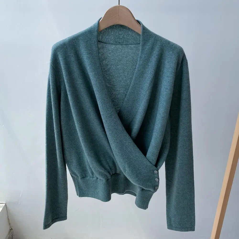 Women's 100% Cashmere Sweater Cross V-neck Solid