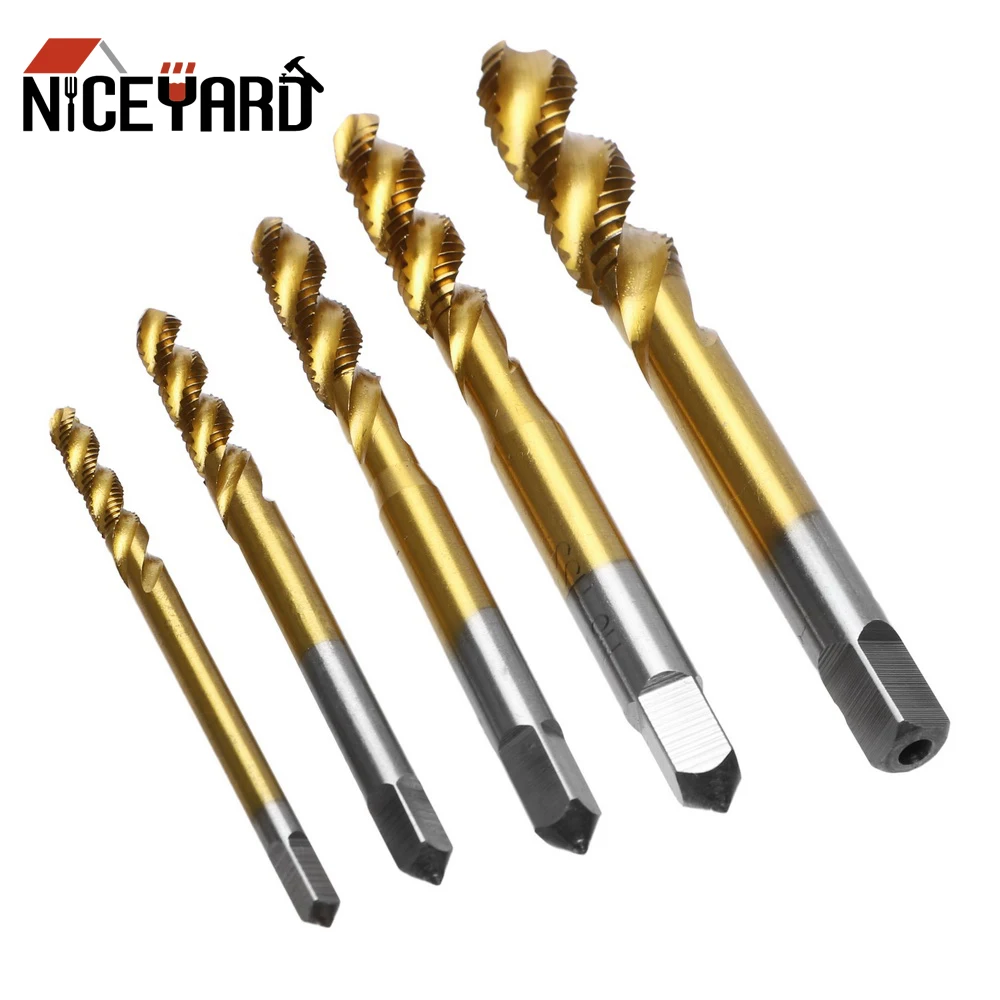 

NICEYARD 5pcs/lot Spiral Fluted Machine Screw Tap M3 M4 M5 M6 M8 Spiral Pointed Taps Thread Tap Drill Titanium Coated