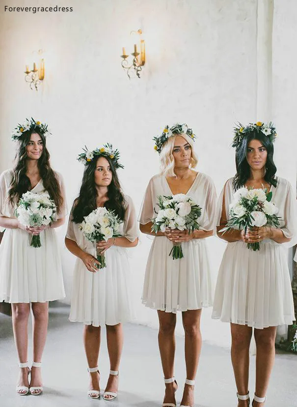 Hot Selling Cheap 2017 Summer Flow Chiffon Short Beach Bridesmaid Dresses Bat Sleeves Boho Wedding Party Dress Under 50  80 (3)