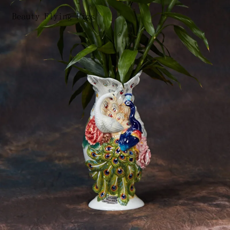 

European Style Emboss Peacock Flowers Vases Ceramic Vase Ornaments Hydroponic Vase Home desktop Decoration Accessories