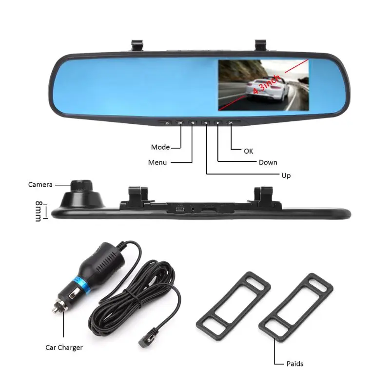 

4.3'' 1080P Dual Lens Car Auto DVR Mirror Dash Cam Recorder+Rear View Camera Kit U1JF
