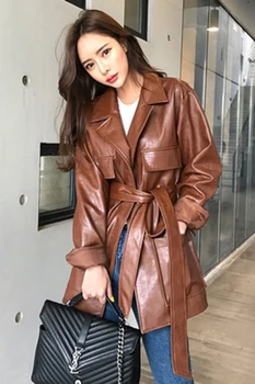 

Vintage PU Leather Coats Women Fashion Turn Down Collar Jackets Women Elegant Pockets Long Sleeve Coats Female Ladies LE
