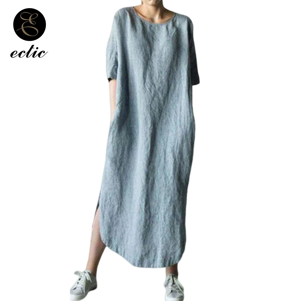 Casual Wear Flax Plus Size Dress 5xl Solid Color Long Plain Open Side Sukienka Scoop Neck Irregular Hem Linen Women | Женская одежда