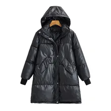 

Thick Leather Womens Coat Winter New Fashion Hooded Warm PU Leather Mid Length Cotton Jacket for Women