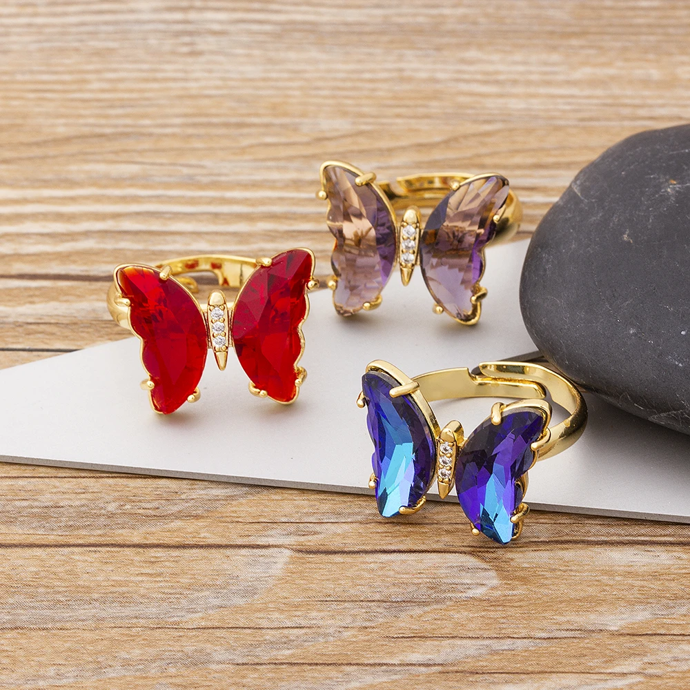 2021 New Fashion Design Gorgeous Butterfly Ring Sweet 10 Colors Transparent Crystal Adjustable