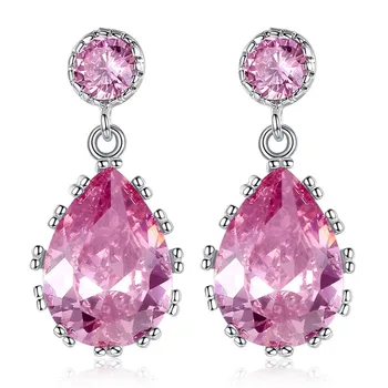 

Blue Sapphire gemstones &pink crystal dangle drop earrings for women white gold color diamonds pendientes party jewelry fashion