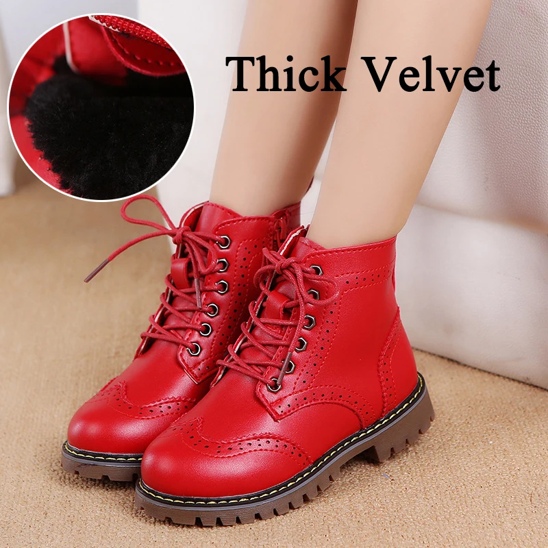 Thick Velvet Red Зимняя обувь; Ботинки martin для девочек; модные кожаные ботинки с боковой молнией для мальчиков; бархатные теплые детские зимние ботинки; детская обувь - Цвет: Thick Velvet Red