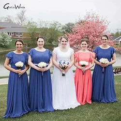 Elegant Floor Length Chiffon Dresses A-line O Neck Wedding Party Evening Dress Formal Gowns Cap Sleeve vestido de fiesta