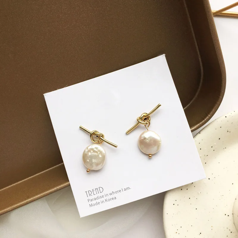 

Fashion jewelry natural pearl daily stud knot metal delicate temperament versatile geometric earrings