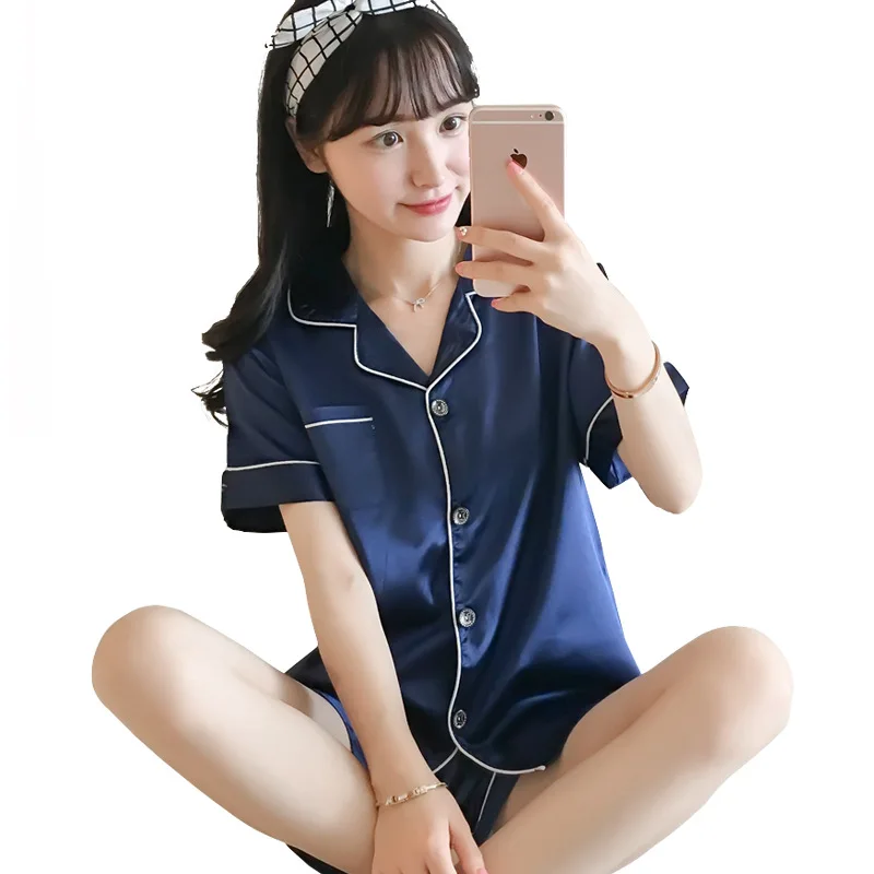 

2020 New Spring Summer Women Faux Silk Pajamas Set Simple Pure Color Leisure Nightwear Short Sleeves Sleepwear