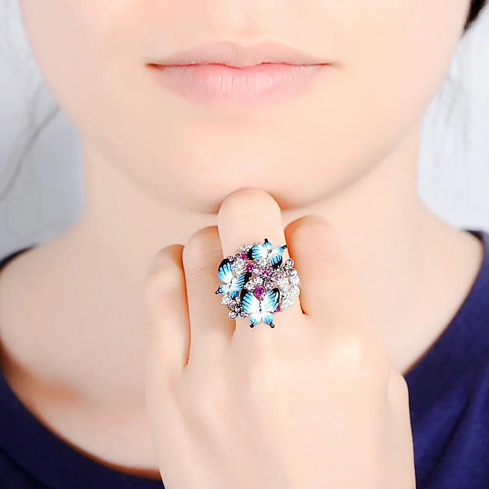 Стильные серебряные кольца с бабочкой, цирконием для женщин, синяя эмаль, микро проложенный Сияющий CZ темперамент, модное свадебное кольцо для невесты