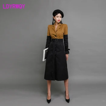 

2019 Korean version of OL temperament new winter long suit collar with color belt windbreaker Button Turn-down Collar