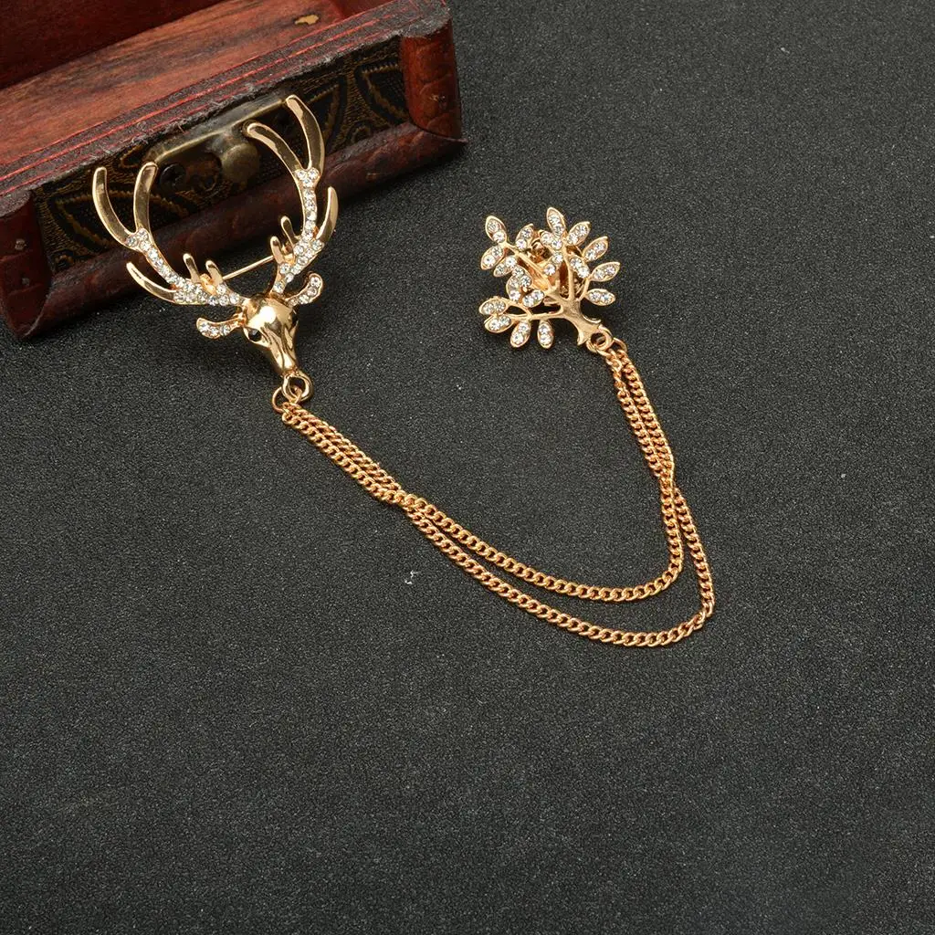 Gold Deer Tree Collar Neck Tip Brooch Lapel Pin Chain Jewellery Gift for Men Women