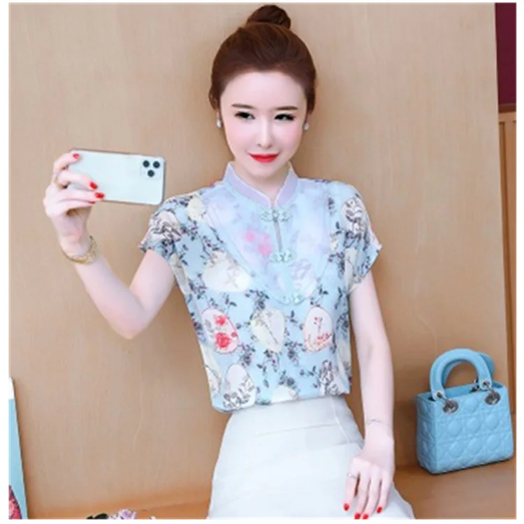 6Color Chinese Style Retro Qipao Tops Vietnam Women Cheongsam Vintage Floral Print Qi Pao Tee Shirts Party Wedding Hanfu T-Shirt