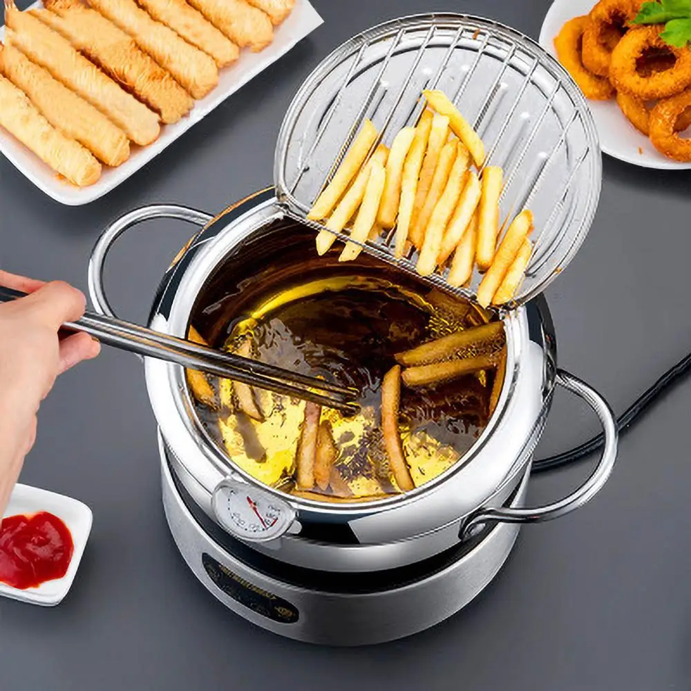 Details about   Iron Deep Fryer with Lid and Oil Drain Rack Thermometer