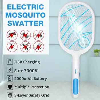 

3000V Mosquito Swatter Killer Led Light Tennis Bat Hand-Held Racket USB Rechargeable Electric Fly Insect Racket Zapper Killer