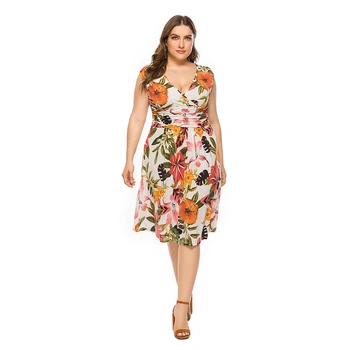 

Female Boho Floral Leaf Printing Dress Large Big Size Fashion Sleeveless V-neck Clothing Casual Elegant Midi Dresses Vestidos
