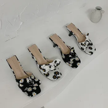 

Fashion Women Slippers Slides Open Toe Mid High Heels Mules Shoes Bow Design Casual Pumps Black/White Elegant Dress Shoes Slides