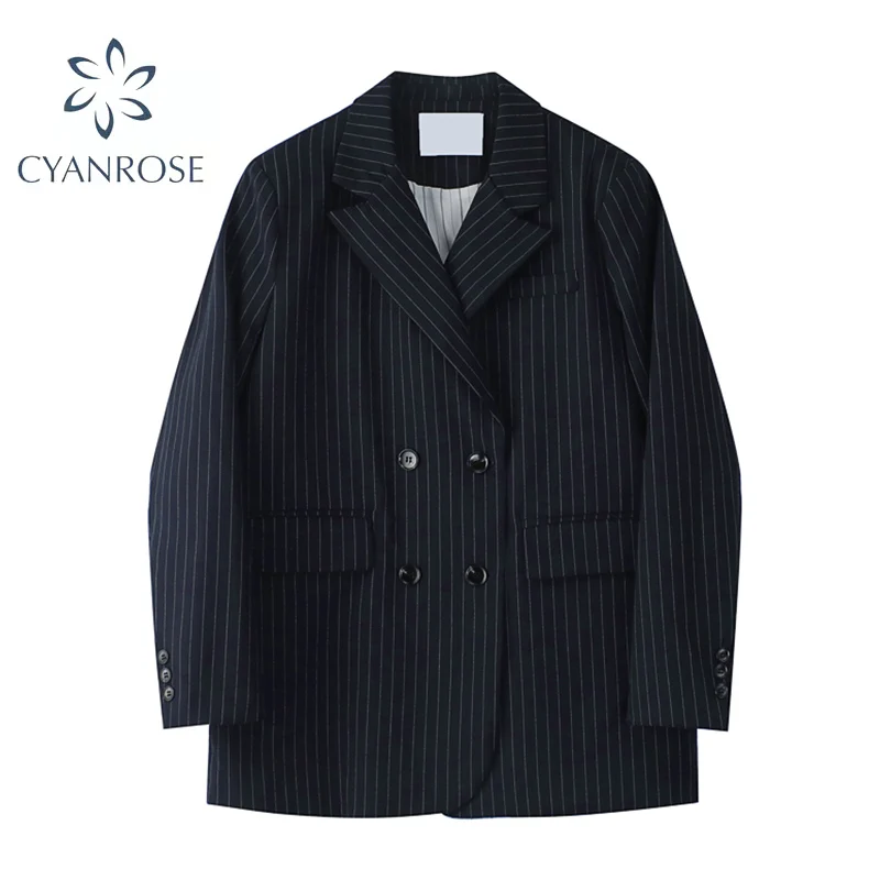Women's Blazer Fashion New Double-breasted Striped Black Grey Jacket 2021 Autumn Korean Slim Long Sleeve Office Lady Casual Coat |