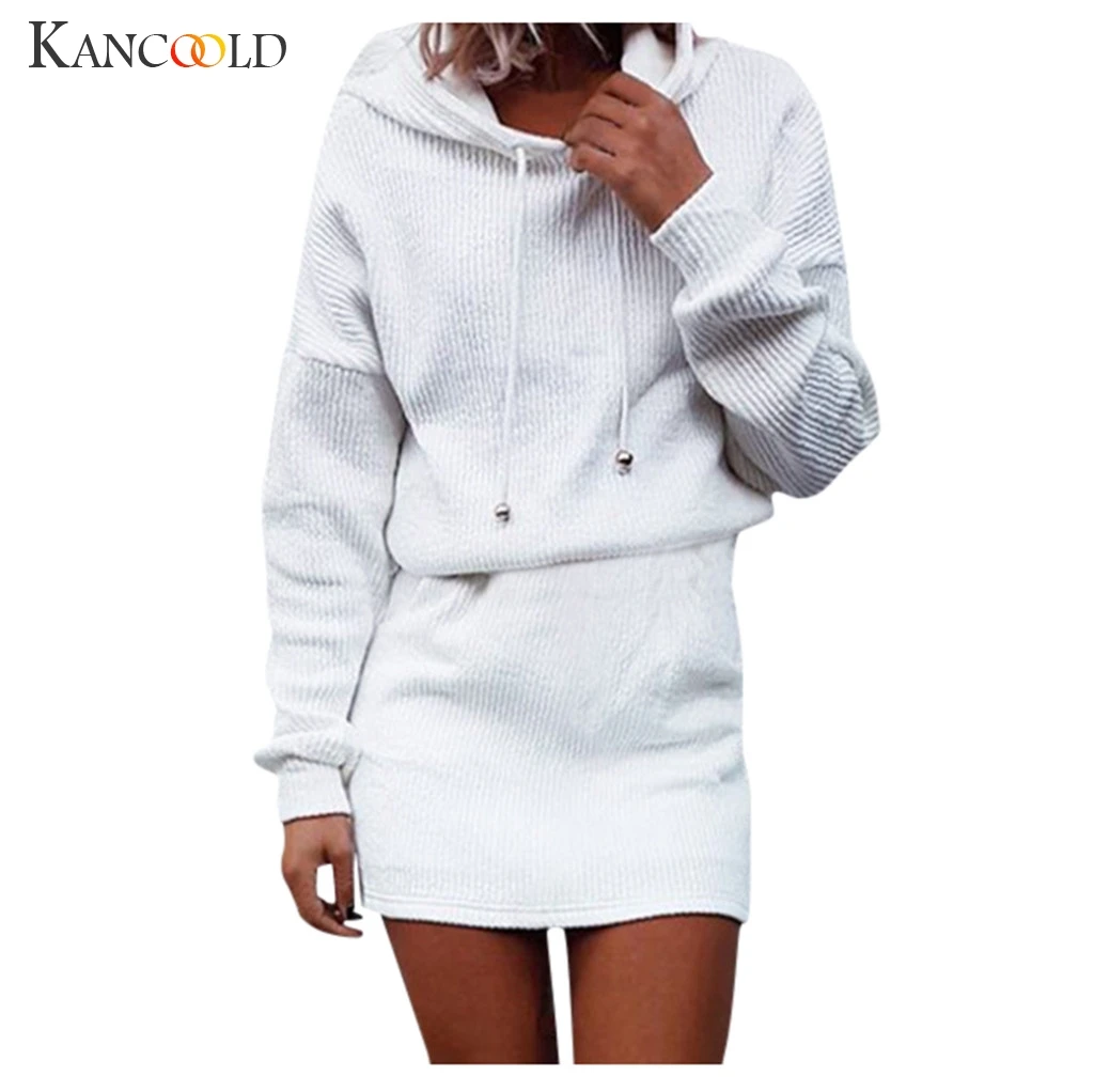 KANCOOLD Women's Winter Dress Warm Long Sleeve Knit Sweater Mini Solid Color Cap with | Женская одежда