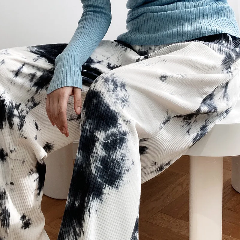 Autumn New Ink-wash Tie-dye Dizzy Drawstring Pants High Waist Straight Casual Mop Sports Pants For Women