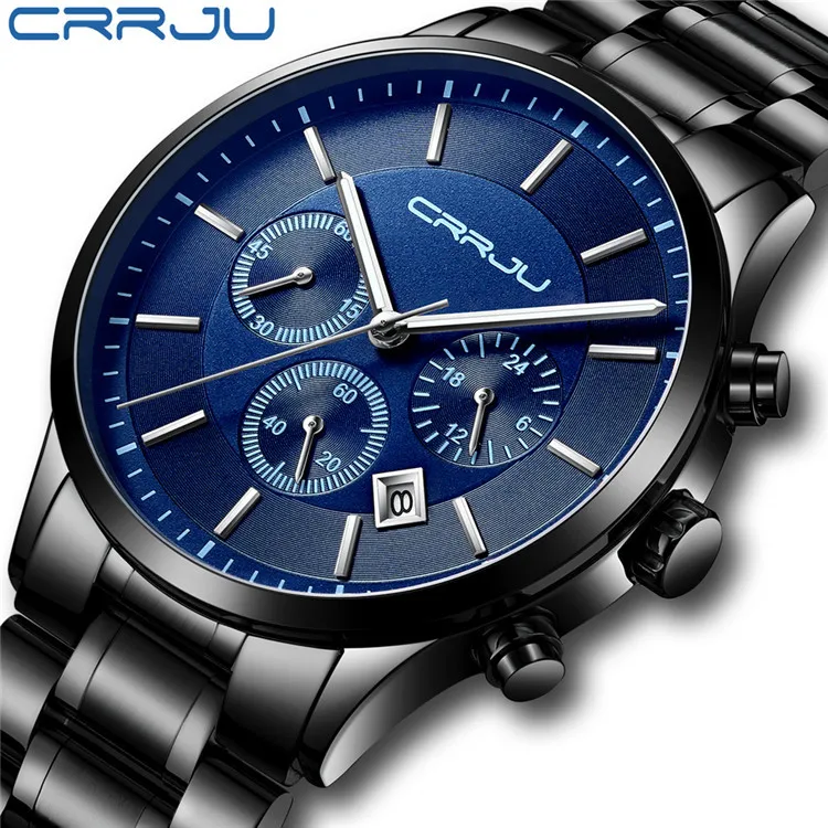 Черные наручные часы, мужские часы, бизнес стиль, нержавеющая сталь, мужские кварцевые часы для мужчин, часы с хронографом, наручные часы - Цвет: silver hand blue