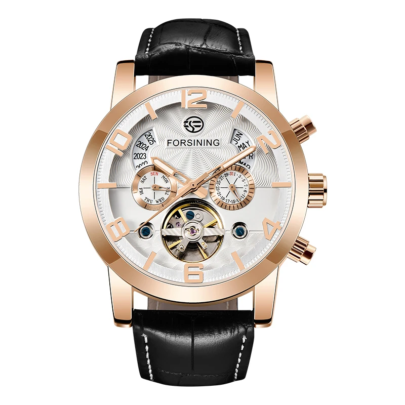 Forsining 5 Hands Tourbillion модный волнистый циферблат дизайн многофункциональный дисплей мужские часы лучший бренд класса люкс автоматические часы - Цвет: ROSE WHITE