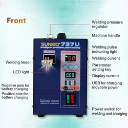 SUNKKO – soudeur par points de batterie 737U 2,8kw LED, Machine de soudage par points à impulsion légère avec test de charge USB pour le soudage de batteries 18650 