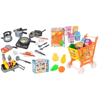 

Children'S Shopping Cart Toys 21 Pcs Role Play Toys Orange & 36 Piece Set Kitchenware Large Kitchen Toys Gray