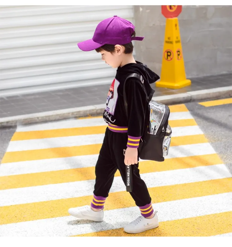 Spring Autumn boys 2 pcs set thick baby hooded sweatshirt+ pants kids suit children set glitter striped letter tape 2 to 7 yrs