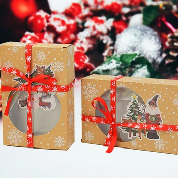 

6pcs Christmas Kraft Paper Box with Window Santa Claus Snowman Cookie Candy Box Merry Christmas Party Gift Packaging Supplies 75
