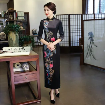 

Young Lady Print Flower Qipao Classic Long Mandarin Collar Cheongsam High Split Sexy Evening Party Dress Oversize Vintage Gown