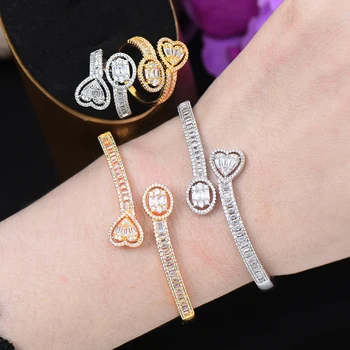 

missvikki Trendy Cute Heart 2PCS Bangle Ring Set For Women Wedding EARRING Shiny Cubic Zircon Crystal aretes de mujer modernos