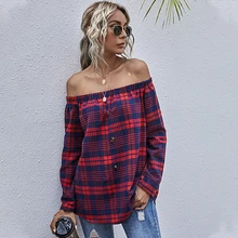 

Women Plaid Shirt Sexy Off Shoulder Long Sleeve Tops Shirt Slash Neck Office Ladies Blouses Casual Loose Pullover Shirts