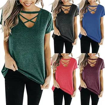 

Summer new women's front chest cross V-neck short sleeve loose T-shirt top