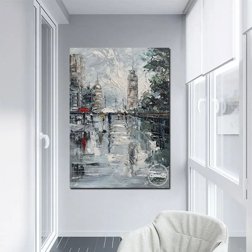 

On A Rainy Day City Streets Landscape Oil Painting Canvas Handmade Painted Home Decor Artwork Unframed Abstract Painting