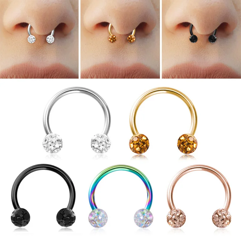 Septum Circular Barbell with Crystal Balls Horseshoe Lip Nose Piercing